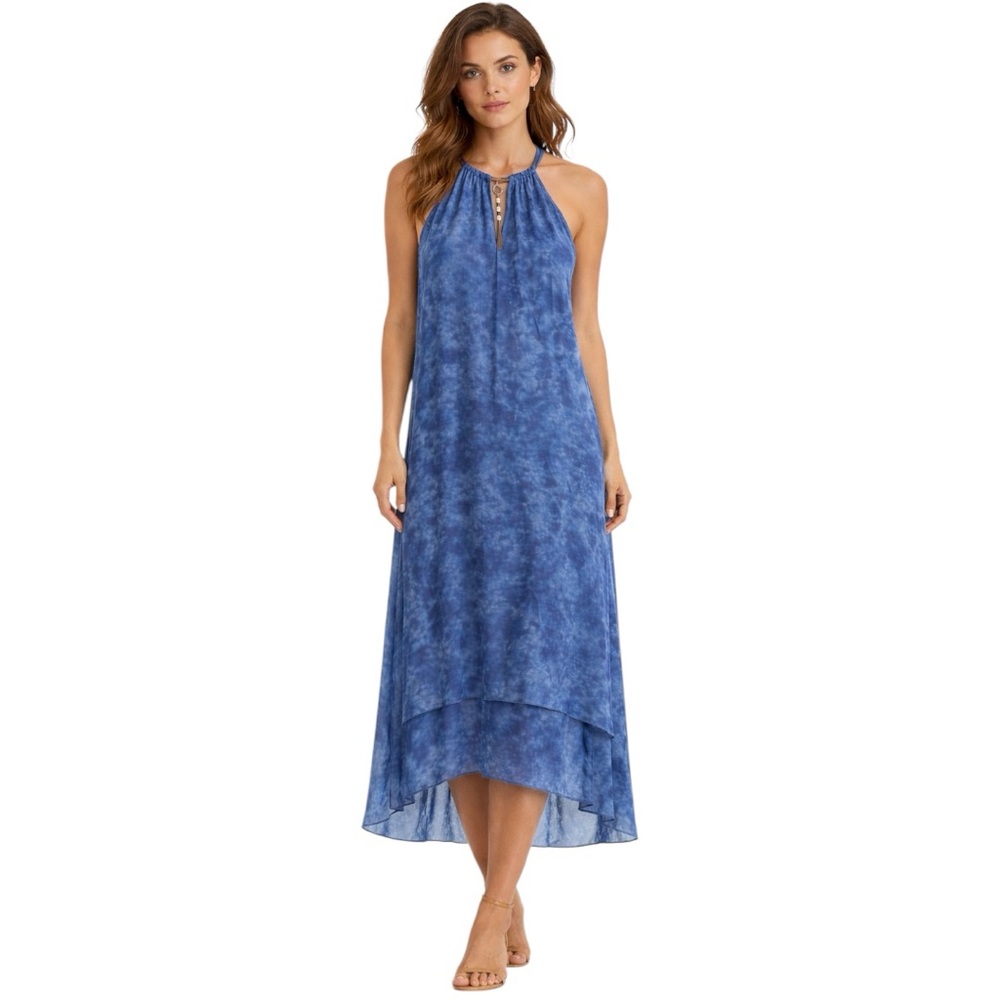 Mille Gabrielle Blue Tie-Dye Halter Maxi Dress Gold Chain Detail Size L